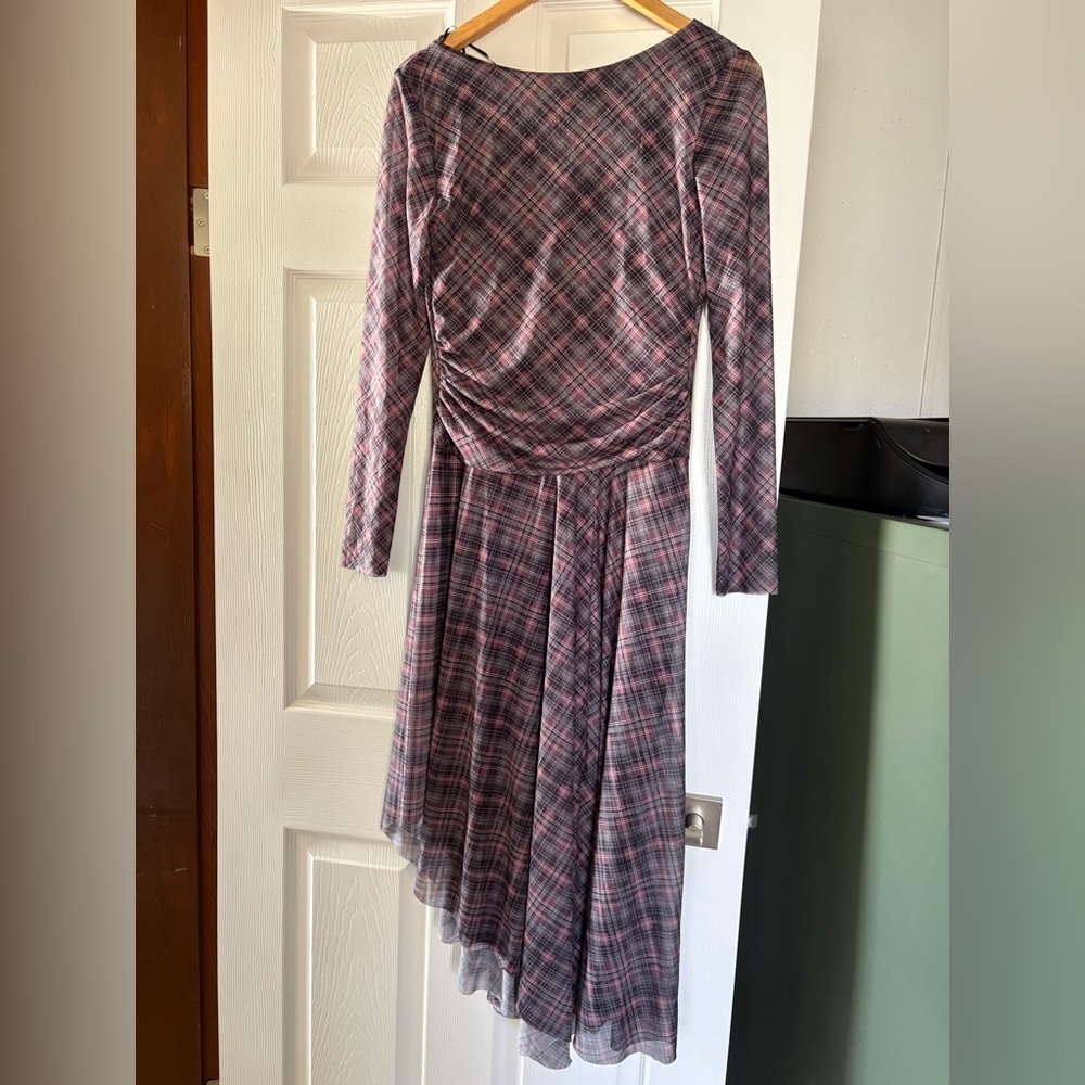 NWT Zara Pink and Gray Plaid Long-Sleeve Asymmetric Dress